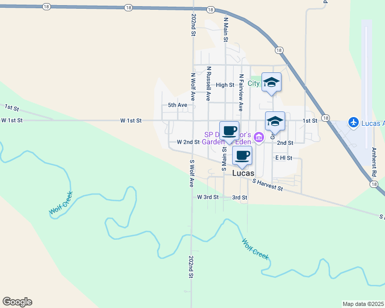 map of restaurants, bars, coffee shops, grocery stores, and more near 301 South Wolf Avenue in Lucas
