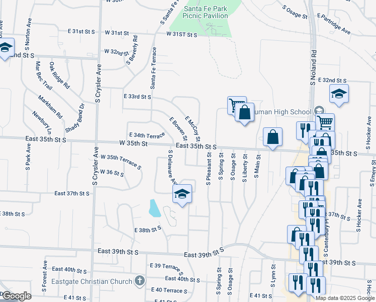 map of restaurants, bars, coffee shops, grocery stores, and more near 3503 South Bowen Street in Independence