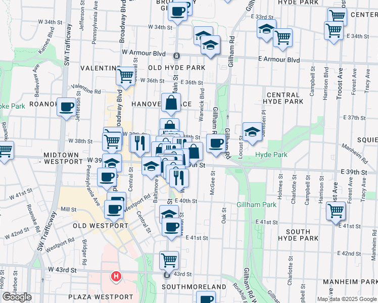 map of restaurants, bars, coffee shops, grocery stores, and more near 3830 Warwick Boulevard in Kansas City