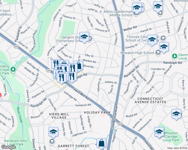 map of restaurants, bars, coffee shops, grocery stores, and more near 12214 Veirs Mill Road in Silver Spring
