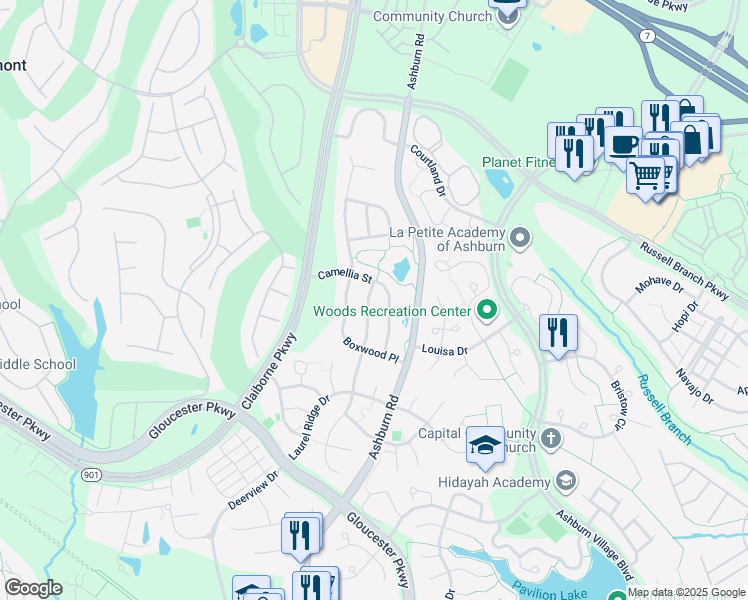 map of restaurants, bars, coffee shops, grocery stores, and more near 20218 Millstead Drive in Ashburn