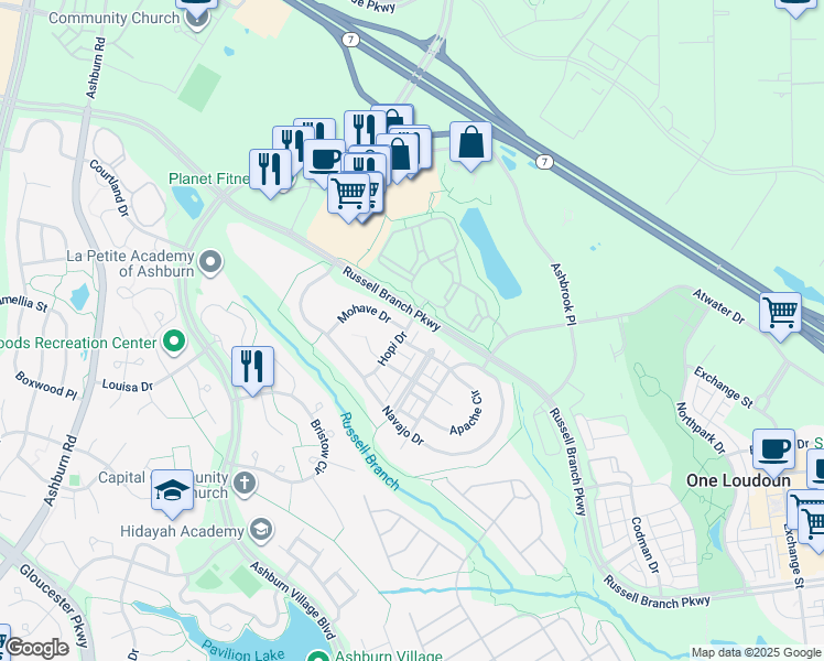 map of restaurants, bars, coffee shops, grocery stores, and more near 20184 Hopi Drive in Ashburn