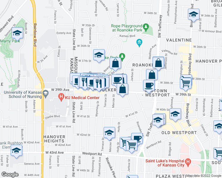map of restaurants, bars, coffee shops, grocery stores, and more near 1302 West 39th Street in Kansas City