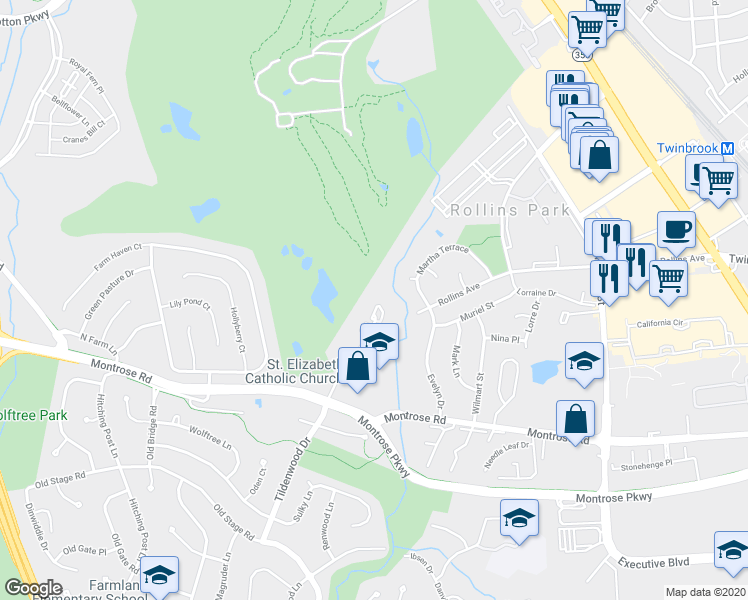 map of restaurants, bars, coffee shops, grocery stores, and more near 12250 Tildenwood Drive in Rockville