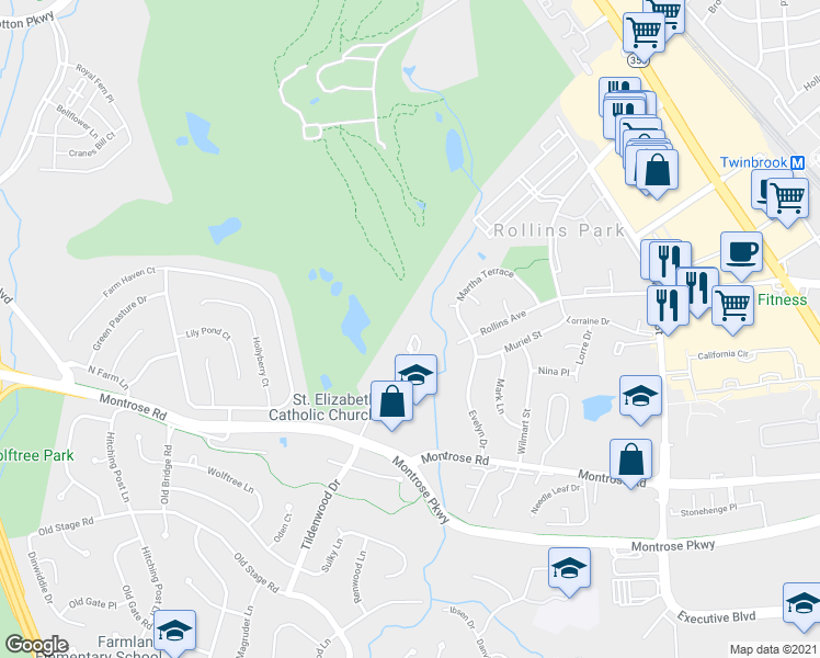 map of restaurants, bars, coffee shops, grocery stores, and more near 12250 Tildenwood Drive in Rockville