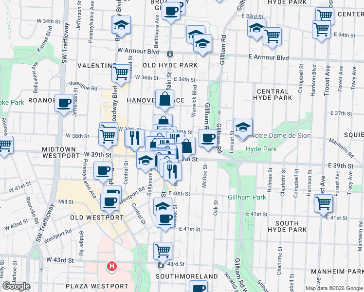 map of restaurants, bars, coffee shops, grocery stores, and more near 3830 Warwick Boulevard in Kansas City