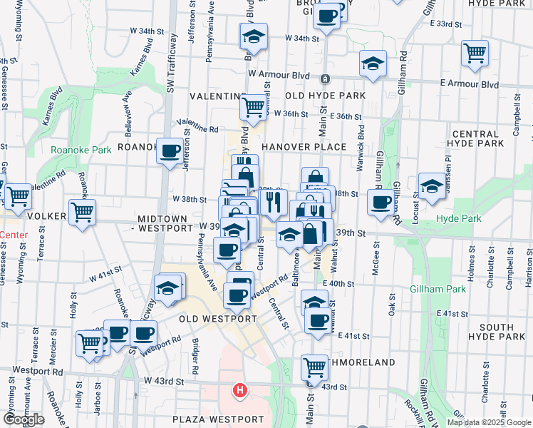 map of restaurants, bars, coffee shops, grocery stores, and more near 3838 Wyandotte Street in Kansas City