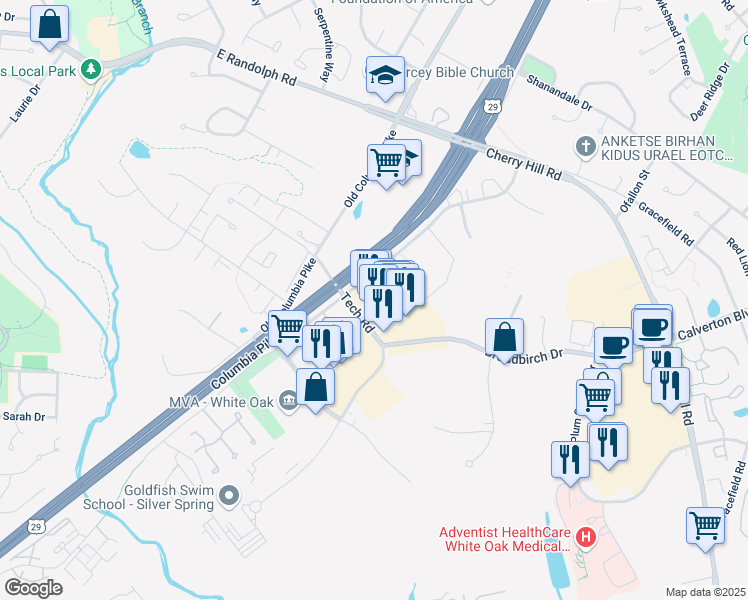 map of restaurants, bars, coffee shops, grocery stores, and more near 12289 Tech Road in Silver Spring