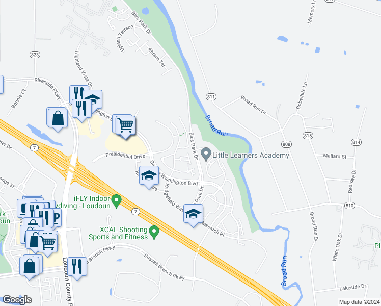 map of restaurants, bars, coffee shops, grocery stores, and more near 20182 Foothill Terrace in Ashburn