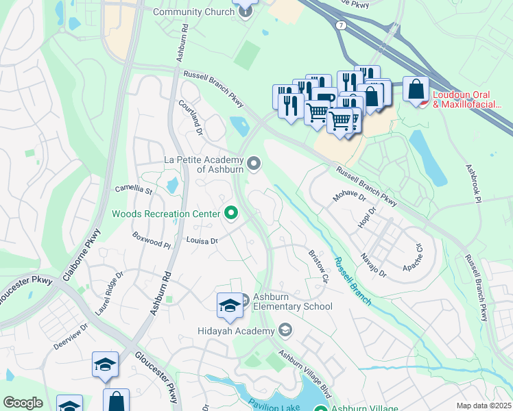 map of restaurants, bars, coffee shops, grocery stores, and more near 44011 Gala Circle in Ashburn