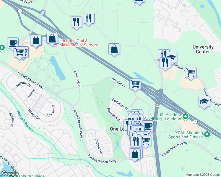 map of restaurants, bars, coffee shops, grocery stores, and more near 20183 Northpark Drive in Ashburn