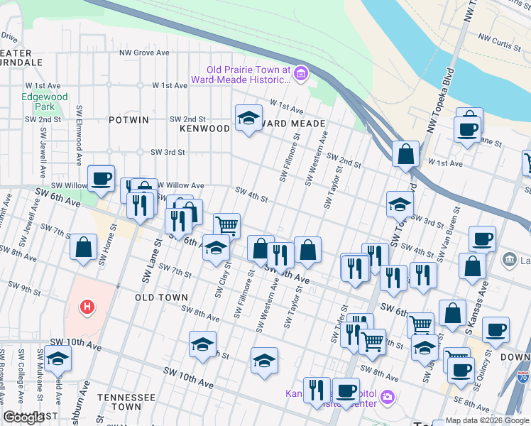 map of restaurants, bars, coffee shops, grocery stores, and more near 422 Southwest Fillmore Street in Topeka