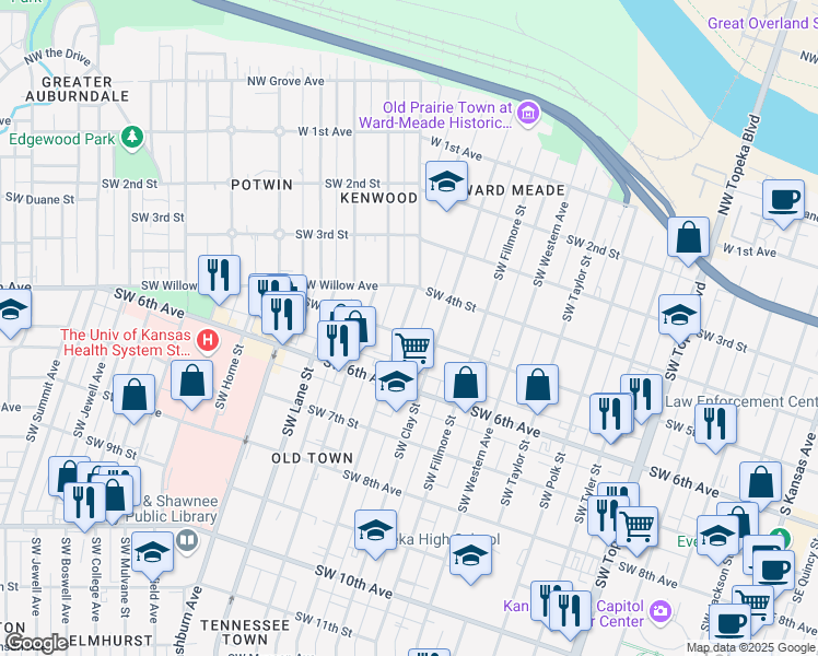 map of restaurants, bars, coffee shops, grocery stores, and more near 432 Southwest Buchanan Street in Topeka