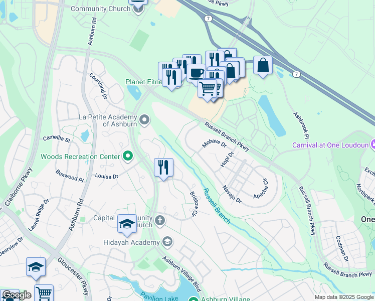 map of restaurants, bars, coffee shops, grocery stores, and more near 44173 Navajo Drive in Ashburn