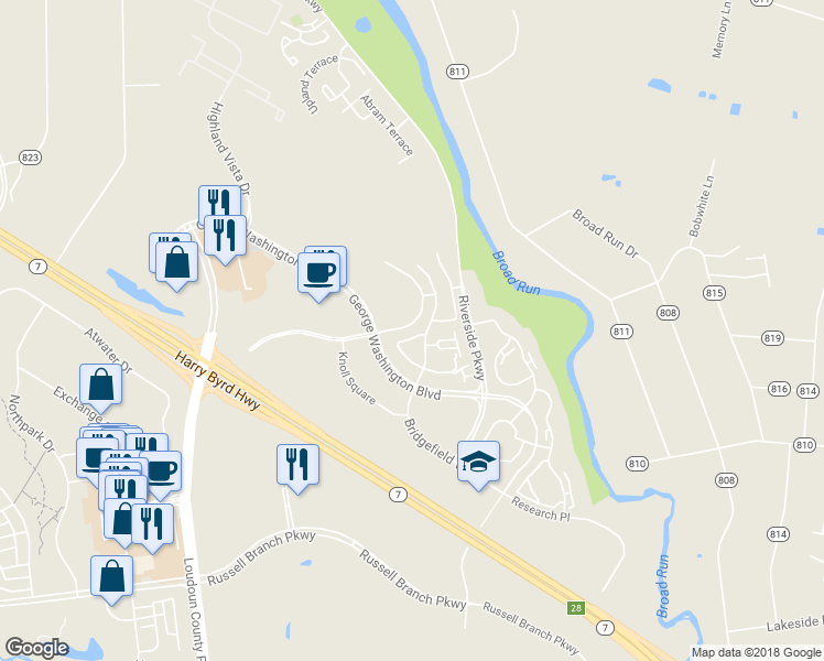 map of restaurants, bars, coffee shops, grocery stores, and more near 45070 University Drive in Ashburn