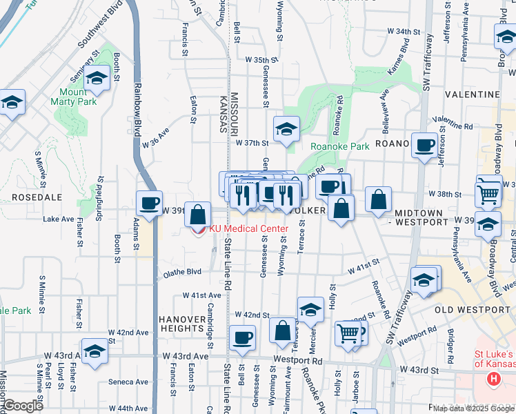 map of restaurants, bars, coffee shops, grocery stores, and more near 1710 West 39th Street in Kansas City