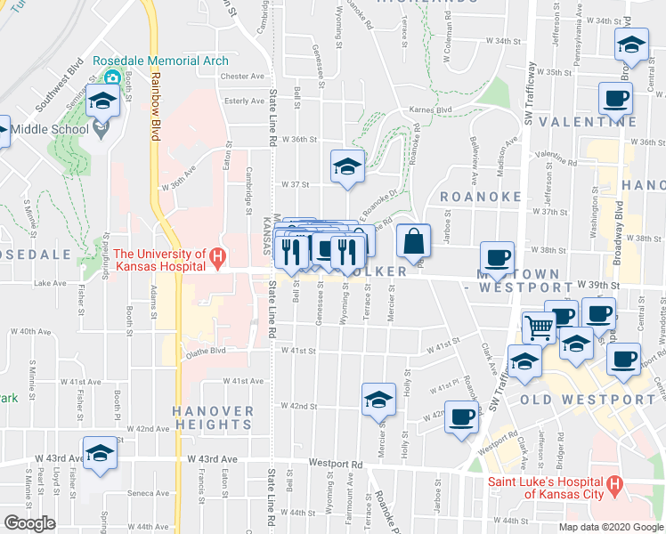 map of restaurants, bars, coffee shops, grocery stores, and more near 1610 West 39th Street in Kansas City