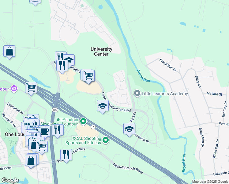 map of restaurants, bars, coffee shops, grocery stores, and more near 45070 University Drive in Ashburn