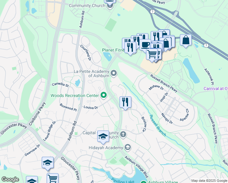 map of restaurants, bars, coffee shops, grocery stores, and more near 44013 Gala Circle in Ashburn