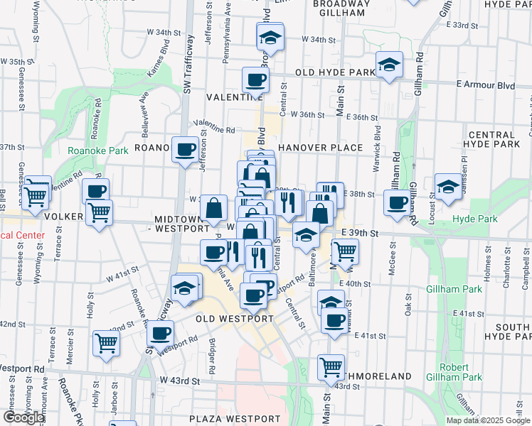 map of restaurants, bars, coffee shops, grocery stores, and more near 3845 Broadway Boulevard in Kansas City