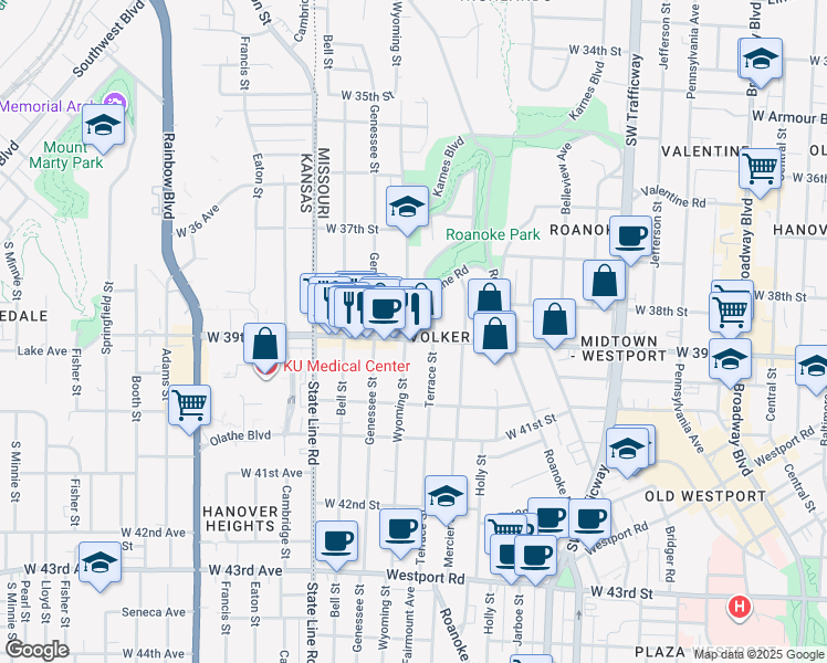 map of restaurants, bars, coffee shops, grocery stores, and more near 3903 Wyoming Street in Kansas City