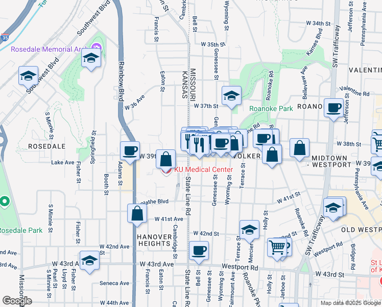 map of restaurants, bars, coffee shops, grocery stores, and more near 3904 Bell Street in Kansas City