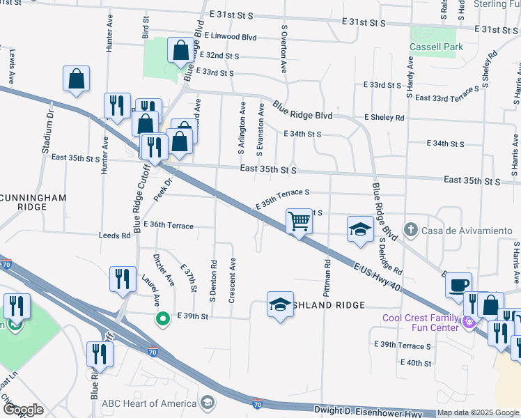 map of restaurants, bars, coffee shops, grocery stores, and more near 9620 East US Highway 40 in Independence