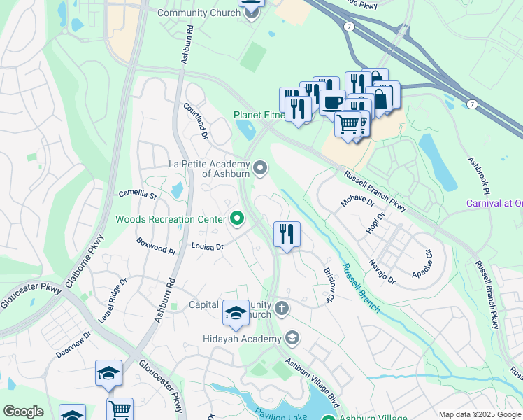 map of restaurants, bars, coffee shops, grocery stores, and more near 44013 Gala Circle in Ashburn