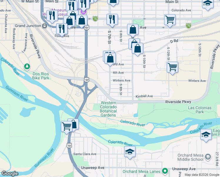 map of restaurants, bars, coffee shops, grocery stores, and more near 1100 South 7th Street in Grand Junction