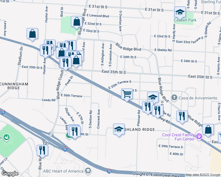 map of restaurants, bars, coffee shops, grocery stores, and more near 9620 East US Highway 40 in Independence