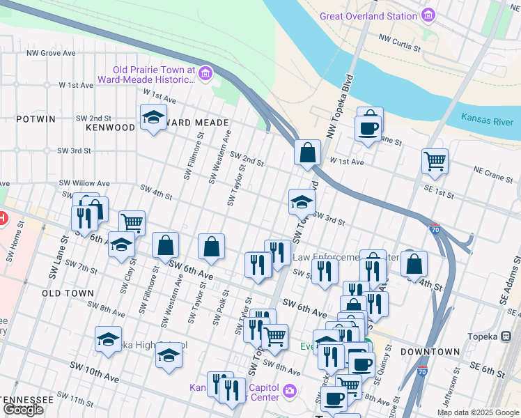 map of restaurants, bars, coffee shops, grocery stores, and more near 316 Southwest Polk Street in Topeka