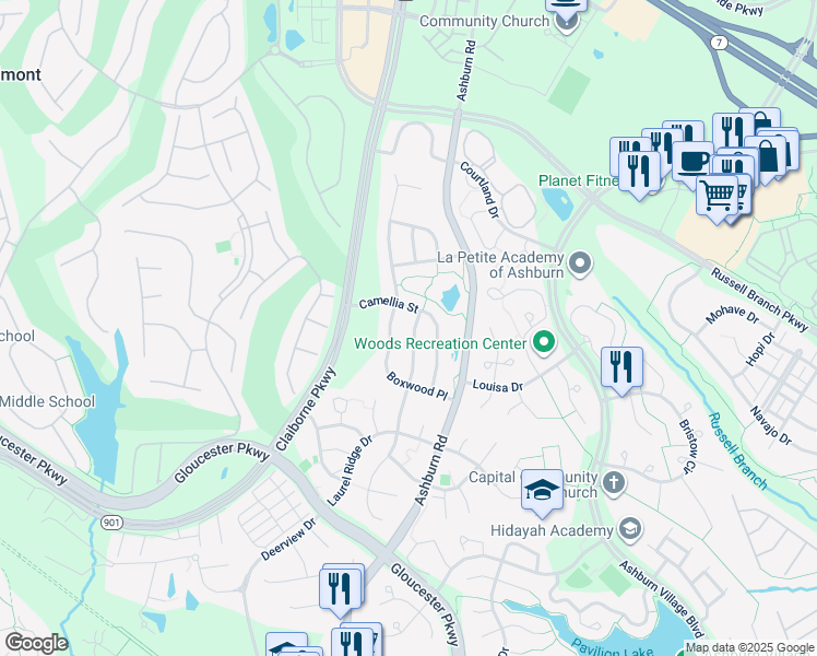 map of restaurants, bars, coffee shops, grocery stores, and more near 20219 Millstead Drive in Ashburn