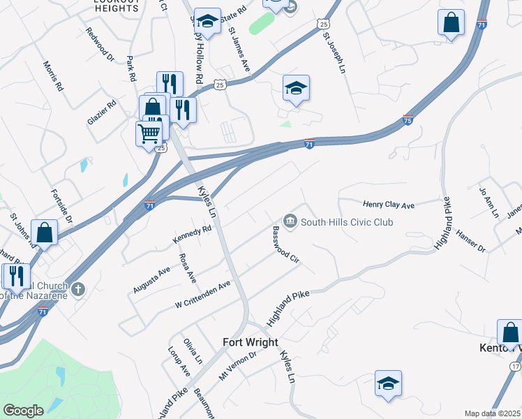 map of restaurants, bars, coffee shops, grocery stores, and more near 1602 East Henry Clay Avenue in Fort Wright