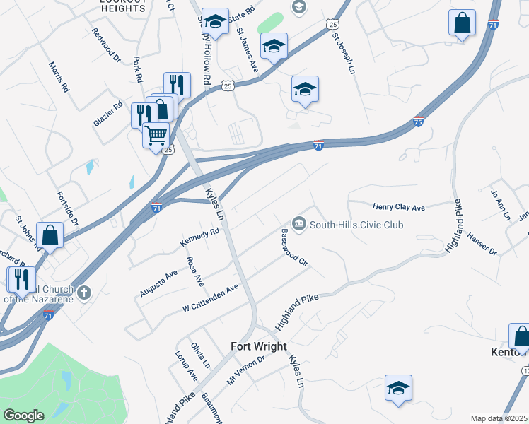 map of restaurants, bars, coffee shops, grocery stores, and more near 1602 East Henry Clay Avenue in Fort Wright