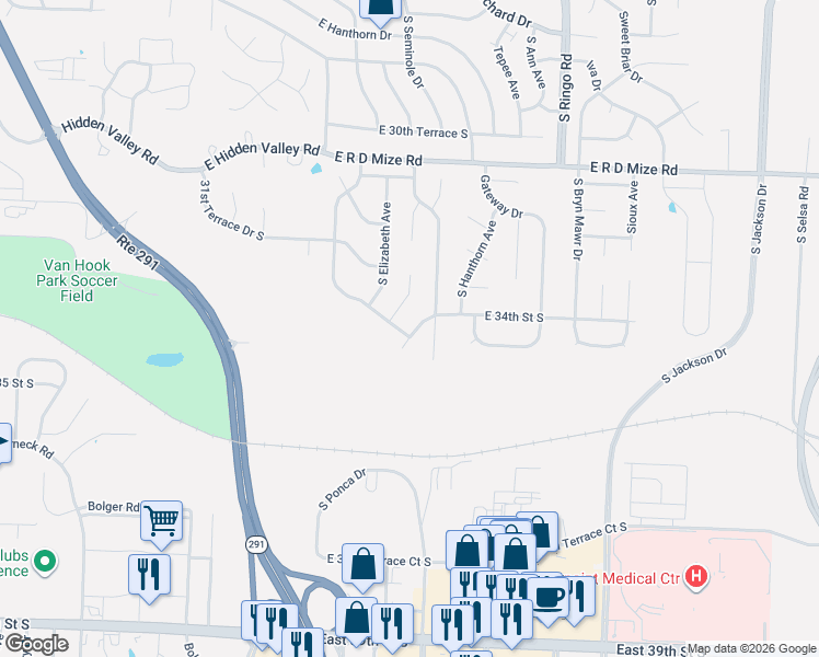 map of restaurants, bars, coffee shops, grocery stores, and more near 3372 South Cochise Avenue in Independence