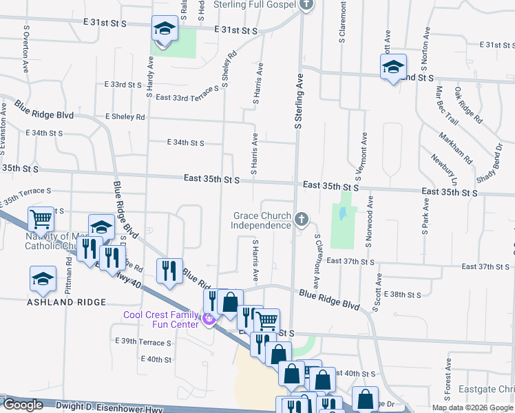 map of restaurants, bars, coffee shops, grocery stores, and more near 3511 Harvard Street in Independence