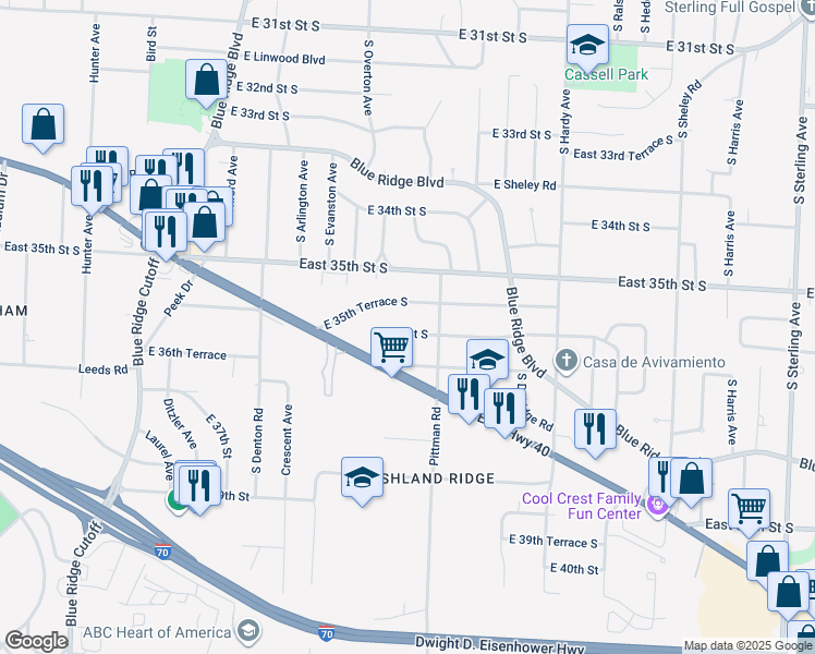 map of restaurants, bars, coffee shops, grocery stores, and more near 9900 East US Highway 40 in Independence