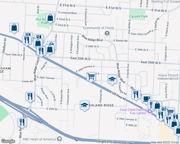 map of restaurants, bars, coffee shops, grocery stores, and more near 9900 East US Highway 40 in Independence