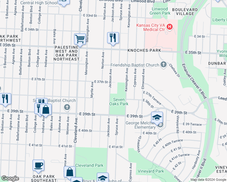 map of restaurants, bars, coffee shops, grocery stores, and more near 3711 Jackson Avenue in Kansas City