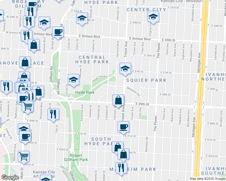 map of restaurants, bars, coffee shops, grocery stores, and more near 3824 Harrison Boulevard in Kansas City