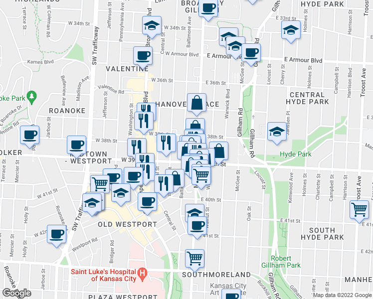 map of restaurants, bars, coffee shops, grocery stores, and more near 3837 Baltimore Avenue in Kansas City