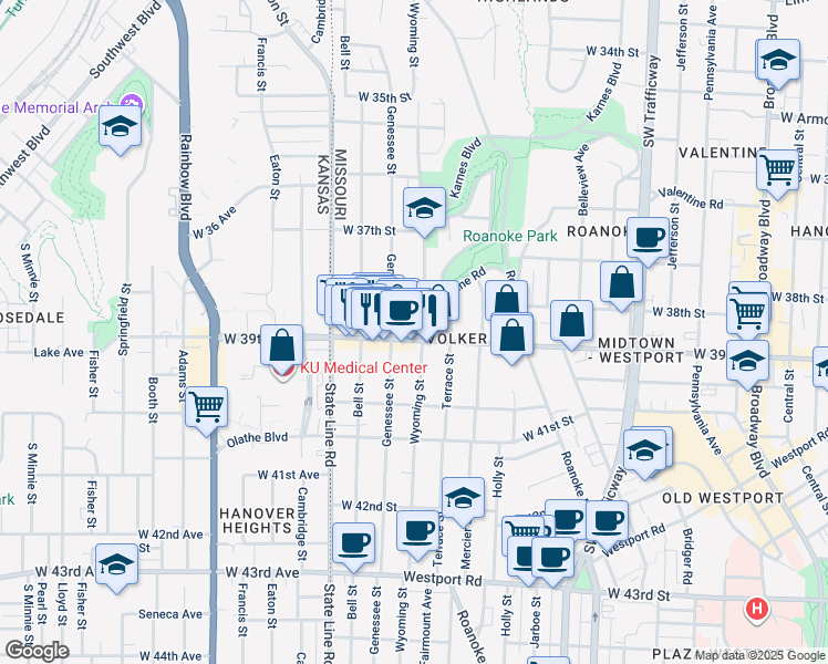 map of restaurants, bars, coffee shops, grocery stores, and more near 3903 Wyoming Street in Kansas City