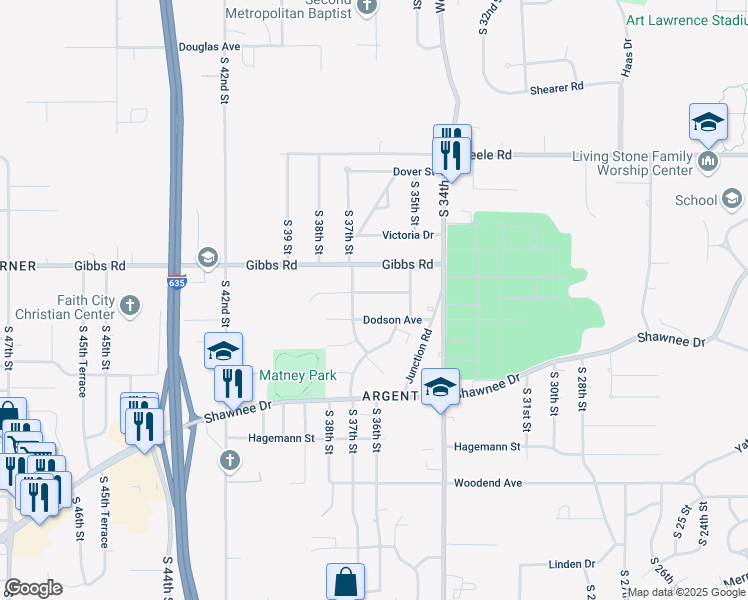 map of restaurants, bars, coffee shops, grocery stores, and more near 3620 Dodson Street in Kansas City