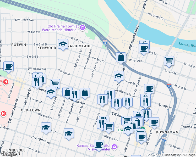 map of restaurants, bars, coffee shops, grocery stores, and more near 335 Southwest Polk Street in Topeka