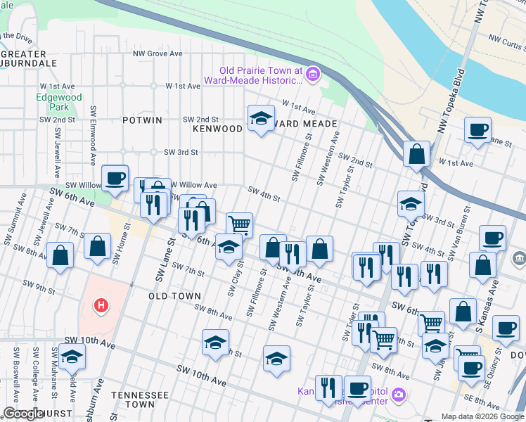 map of restaurants, bars, coffee shops, grocery stores, and more near 432 Southwest Clay Street in Topeka