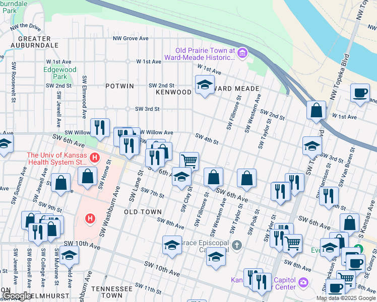 map of restaurants, bars, coffee shops, grocery stores, and more near 500 Southwest Buchanan Street in Topeka