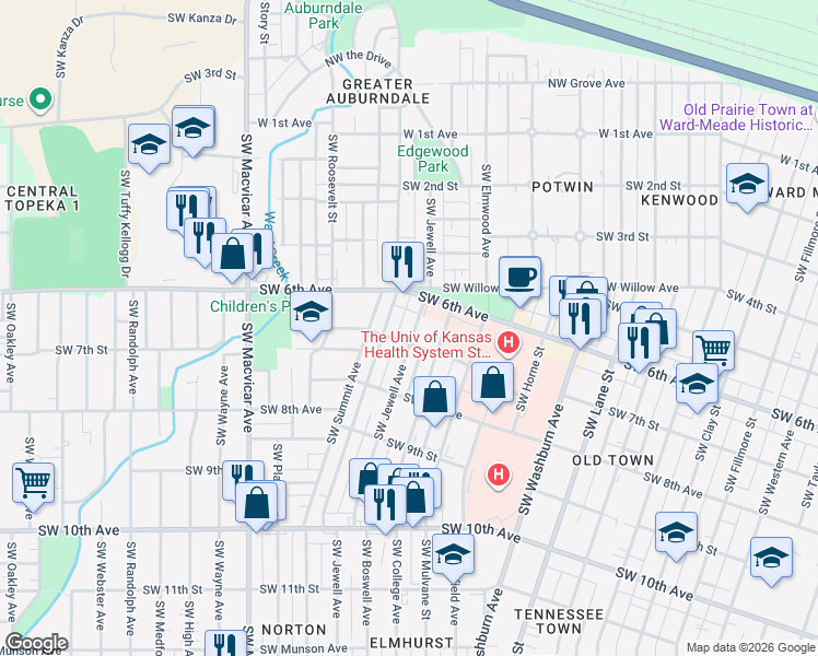 map of restaurants, bars, coffee shops, grocery stores, and more near 701 Southwest Jewell Avenue in Topeka