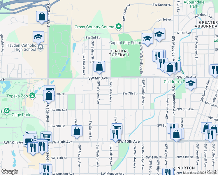 map of restaurants, bars, coffee shops, grocery stores, and more near 642 Southwest Oakley Avenue in Topeka