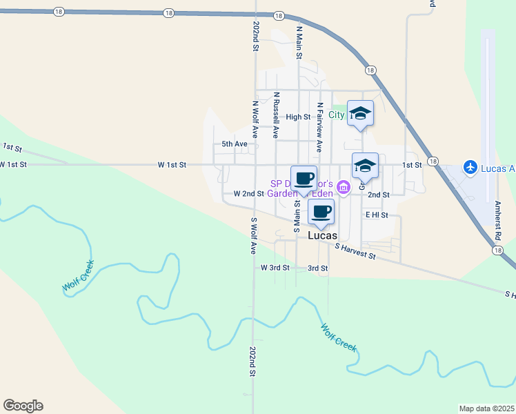 map of restaurants, bars, coffee shops, grocery stores, and more near 301-311 South Wolf Avenue in Lucas