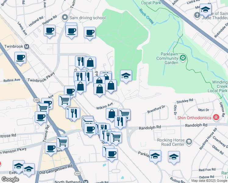 map of restaurants, bars, coffee shops, grocery stores, and more near 12410 Village Square Terrace in Rockville